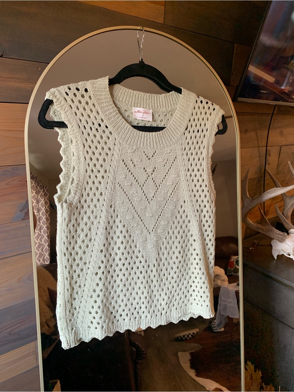 Allie Rose Maeve Light Sage Open-Knit Chevron Sleeveless Sweater Tank